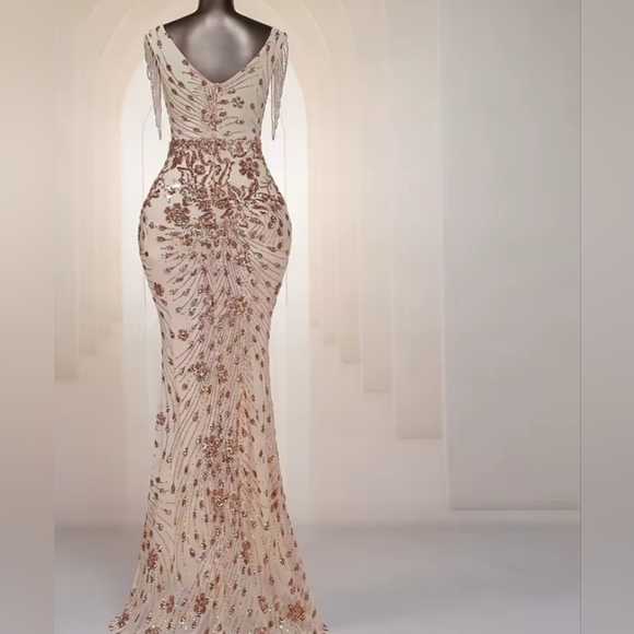 Gold, Floral Print,  V Neck,  Beaded Draped Sleeves,  Contrast Sequined Gown - Picture 13 of 16